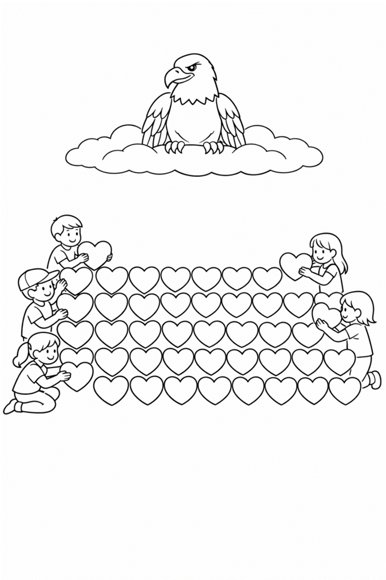 Image | free patriotic coloring pages for america 250 4th of july and classroom crafts | entheosweb Eagle perched on a cloud above children forming rows of hearts on the ground symbolizing love and care Image
