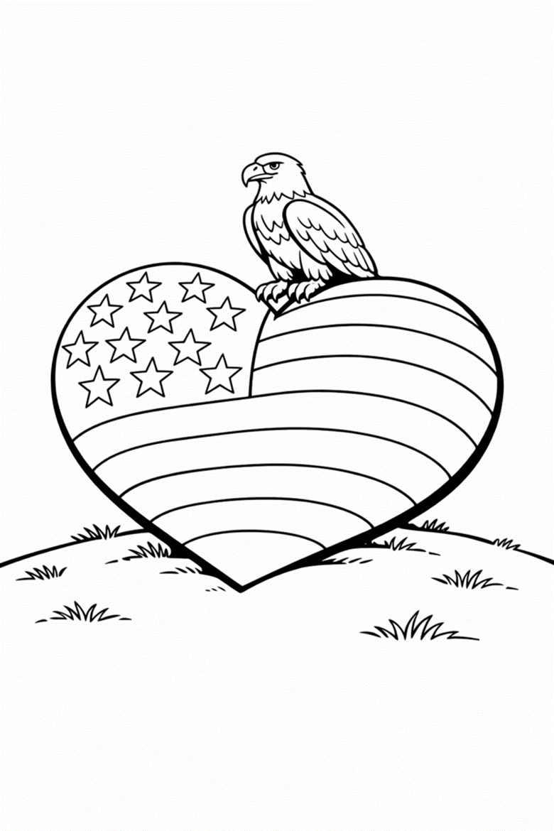 Image | free patriotic coloring pages for america 250 4th of july and classroom crafts | entheosweb Coloring page illustration of a heart shaped american flag with an eagle perched on a hill with tufts of grass Image