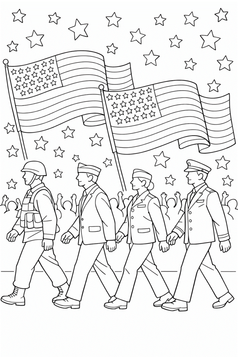 Image | free patriotic coloring pages for america 250 4th of july and classroom crafts | entheosweb Soldiers march in formation carrying large waving american flag banners amid starry sky and cheering crowd in the background Image