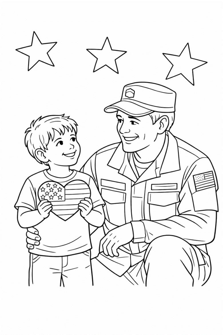 Image | free patriotic coloring pages for america 250 4th of july and classroom crafts | entheosweb A smiling boy and a kneeling u S Serviceman share a moment the boy holds a heart shaped flag with stars and stripes stars above them Image