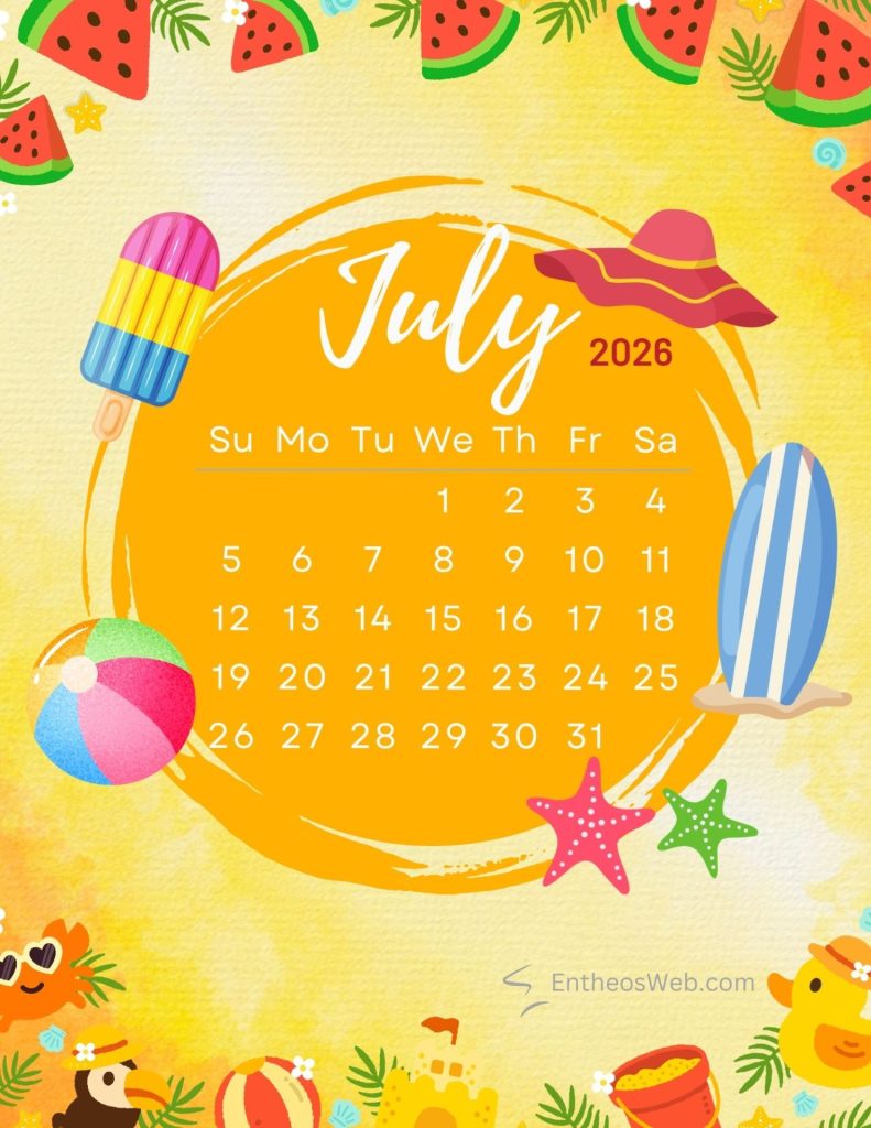 July 2026 printable calendar with yellow summer beach theme july 2026 printable calendar with yellow summer beach theme by entheosweb