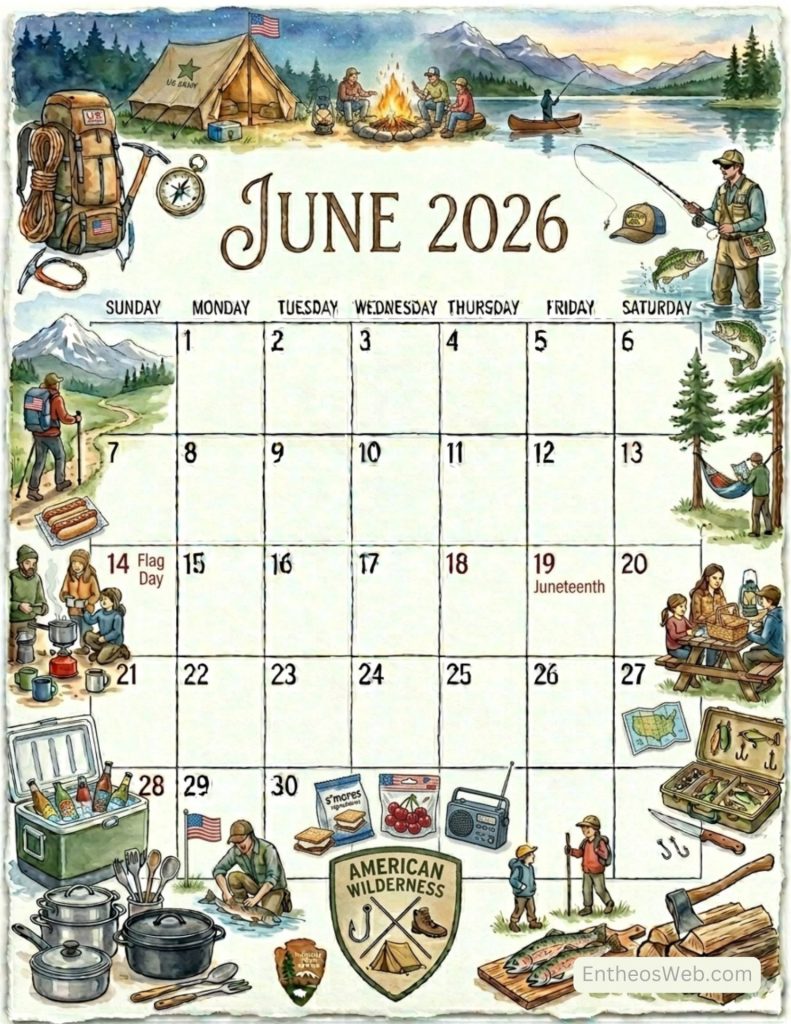 June 2026 calendar page with outdoor camping scene tent campfire hikers fishing and wilderness gear around the grid June 2026 calendar holidays observances   camping vertical