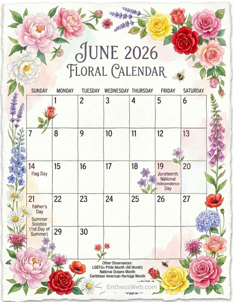 June 2026 calendar page with a colorful floral border includes a grid of dates and labeled holidays such as flag day on the 14th juneteenth on the 19th and fathers day around mid late june overall design is decorative and celebratory for summer June 2026 calendar holidays observances  floral vertical