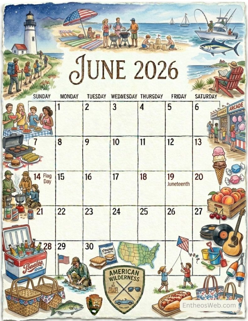 June 2026 calendar page with beach scene campers grilling and seaside activities around the month June 2026 calendar holidays observances   holidays vertical