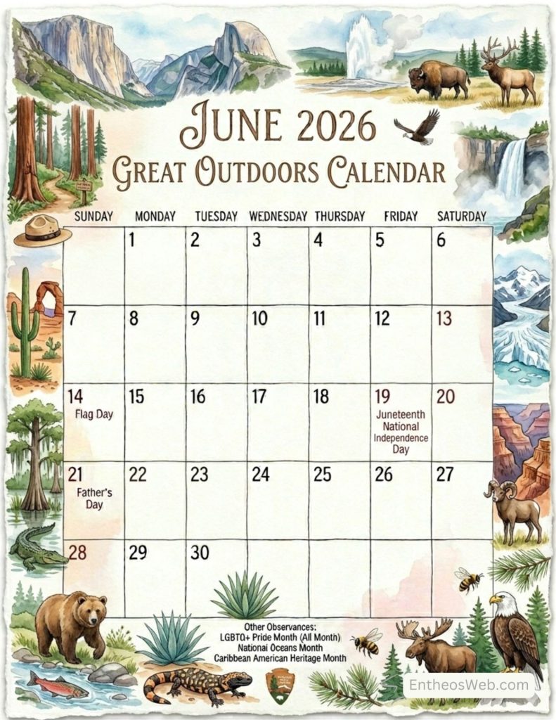 June 2026 great outdoors calendar page featuring mountain and forest scenery with animals and waterfalls and a grid of days and holidays such as flag day and fathers day June 2026 calendar holidays observances   outdoors vertical