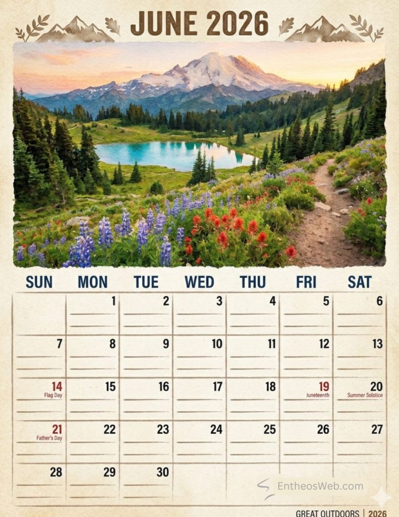 Calendar page featuring a landscape mountain scene with wildflowers and a lake june 2026 banner at top sundays start June 2026 calendar holidays observances   scenic vertical