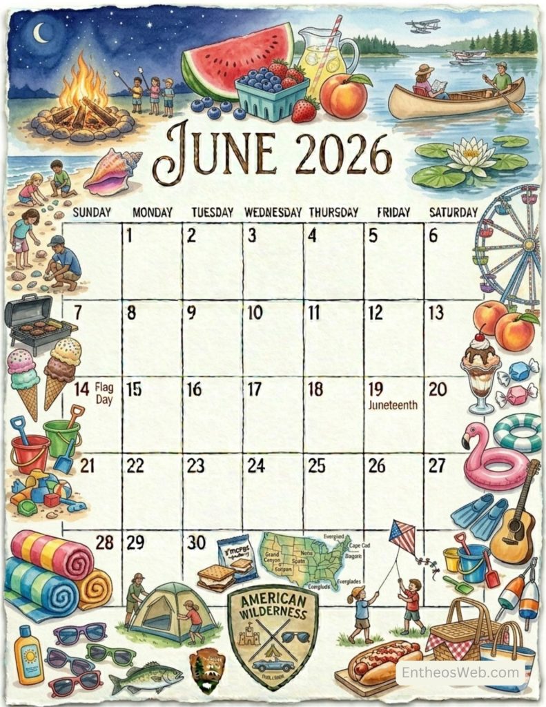 Whimsical june 2026 calendar page with camping and summer scene around the dates including a campfire fruit basket lake and picnic items on the borders June 2026 calendar holidays observances   vacation vertical
