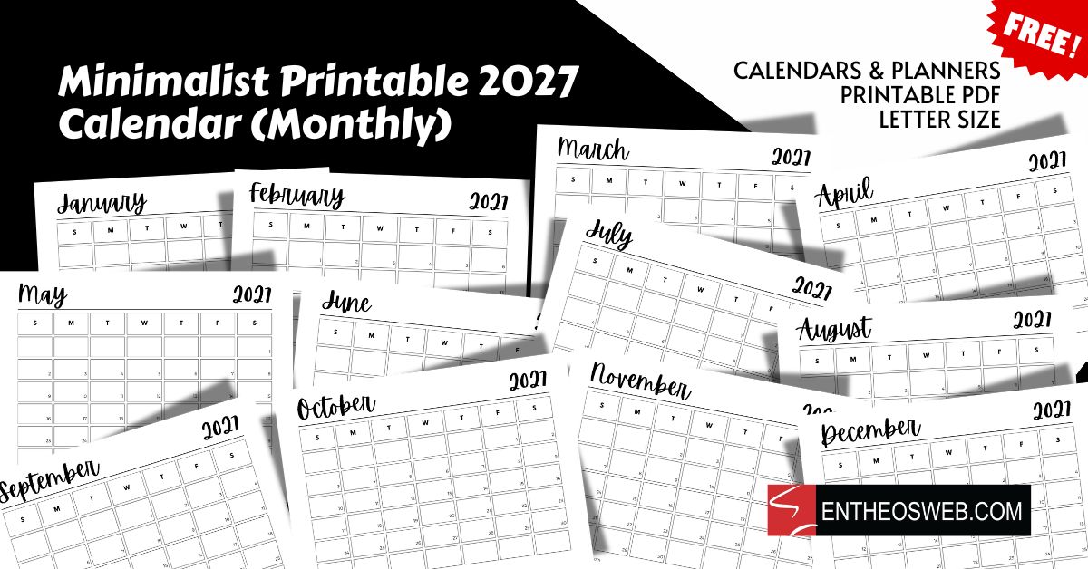 Collage of minimalist printable 2021 monthly calendars with handwritten month headings on white cards, showing January–December. Includes a 'FREE!' badge and watermark.