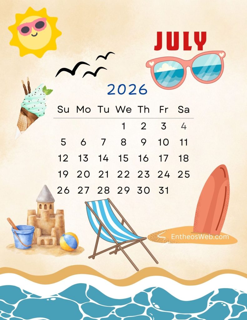 Ocean  beach themed july 2026 printable calendar ocean beach themed july 2026 printable calendar by entheosweb