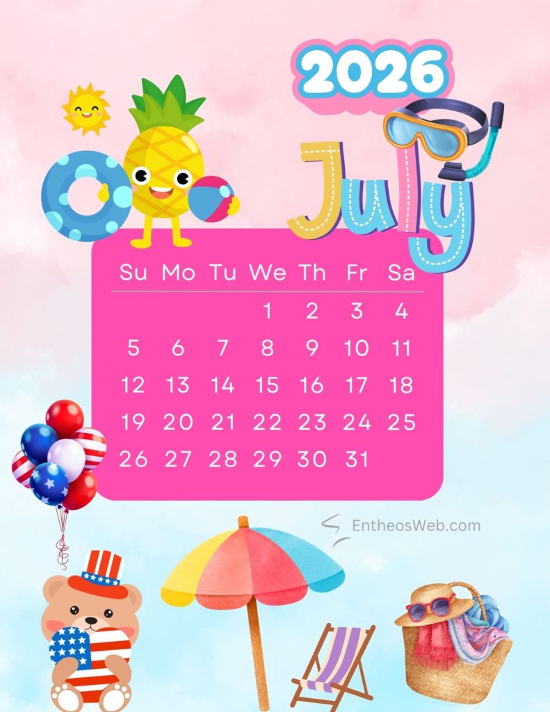 Pink background beach themed july 2026 printable calendar pink background beach themed july 2026 printable calendar by entheosweb