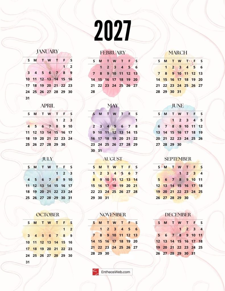 Printable 2027 calendar flowers printable 2027 calendar one page colorful hibiscus flowers