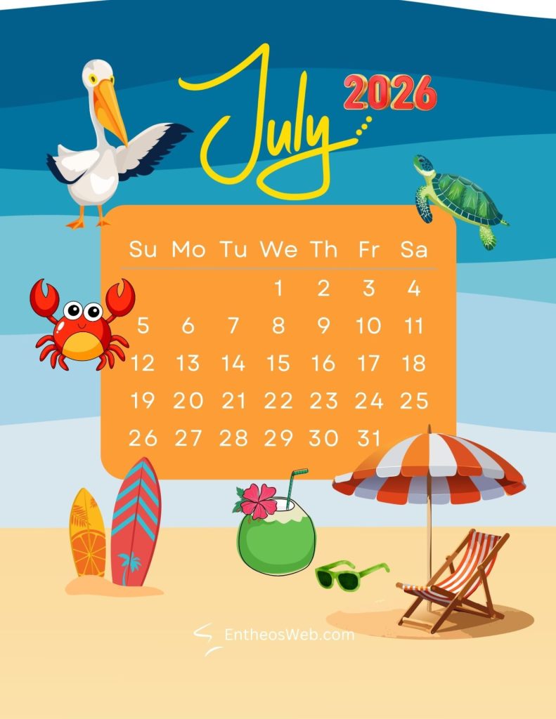 Summer  beach themed july 2026 printable calendar summer beach themed july 2026 printable calendar by entheosweb