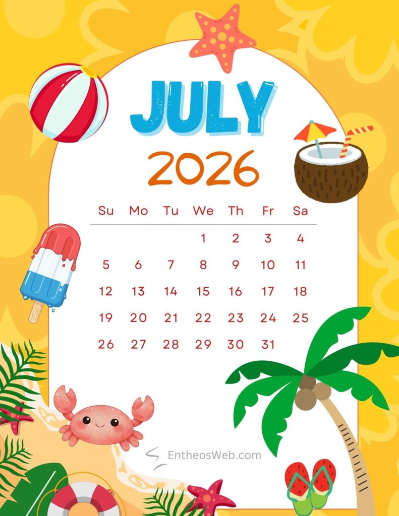 Yellow background beach themed july 2026 printable calendar yellow background beach themed july 2026 printable calendar by entheosweb