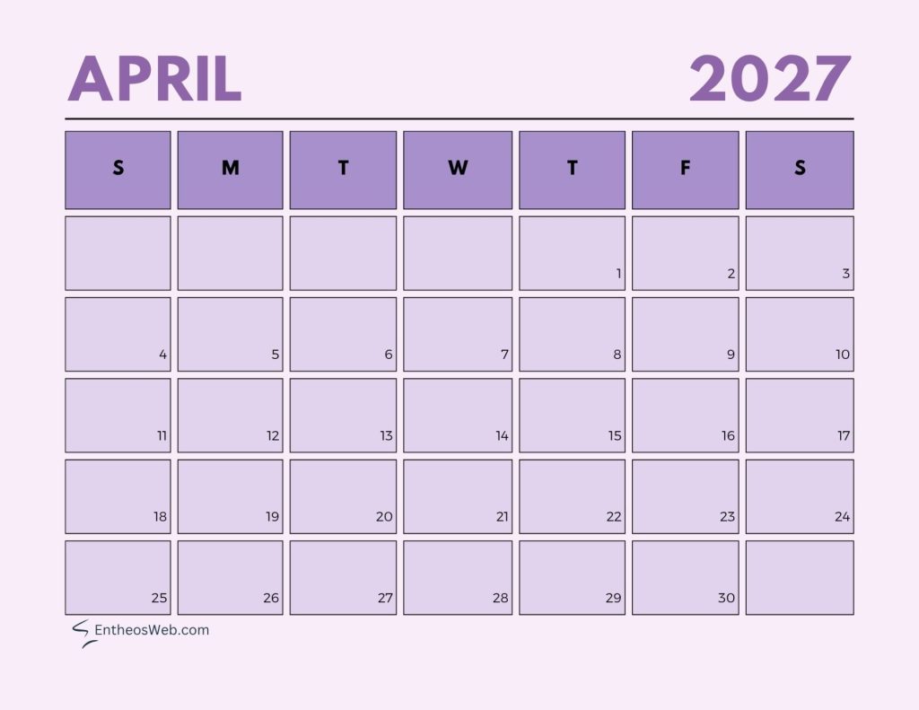 April 2027 calendar page with a grid of days under the s m t w t f s header dates 130 arranged in rows using purple blocks on a pale pink background April   aesthetic pastel calendar 2027