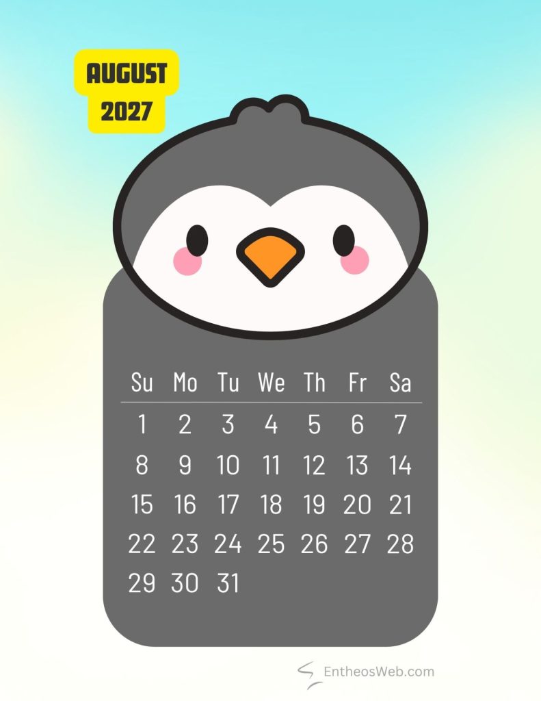 August 2027 printable cute penguin bird monthly calendar | 2027 printable cute birds monthly calendar | entheosweb August 2027 printable cute penguin bird monthly calendar august 2027 printable cute penguin bird monthly calendar