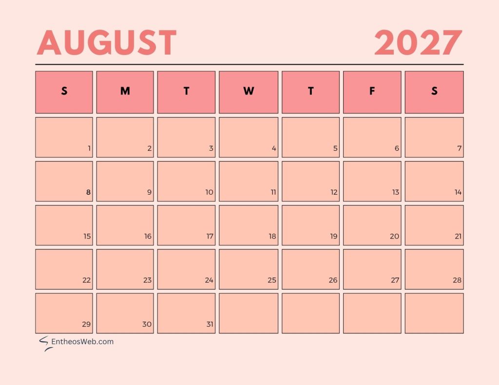 August 2027 calendar grid showing sundays start days 131 laid out in a 7 column grid with s m t w t f s headers August   aesthetic pastel calendar 2027