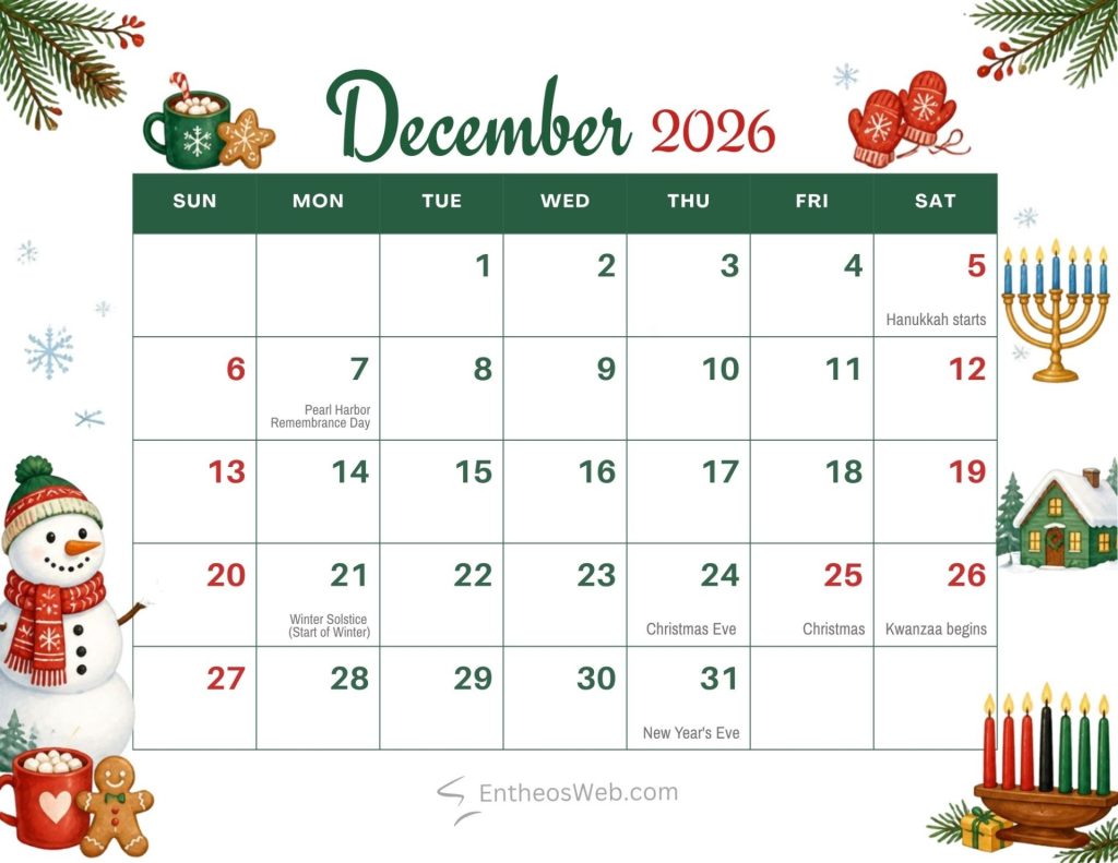 Festive december 2026 calendar page with a green header decorative holiday graphics and a grid of dates december 2026 calendar holidays observances