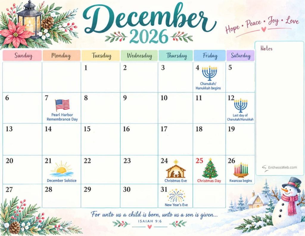 December 2026 calendar holidays observances pastel colors | printable december 2026 calendars with holidays observances | entheosweb Month calendar page for december 2026 with holiday icons and a festive header key dates shown include pearl harbor remembrance day on the 7th chanukah begins on the 4th last day of chanukah on the 12th christmas eve on the 24th christmas day on the 25th kwanzaa begins on the 26th december solstice on the 21st and new years eve on the 31st December 2026 calendar holidays observances pastel colors