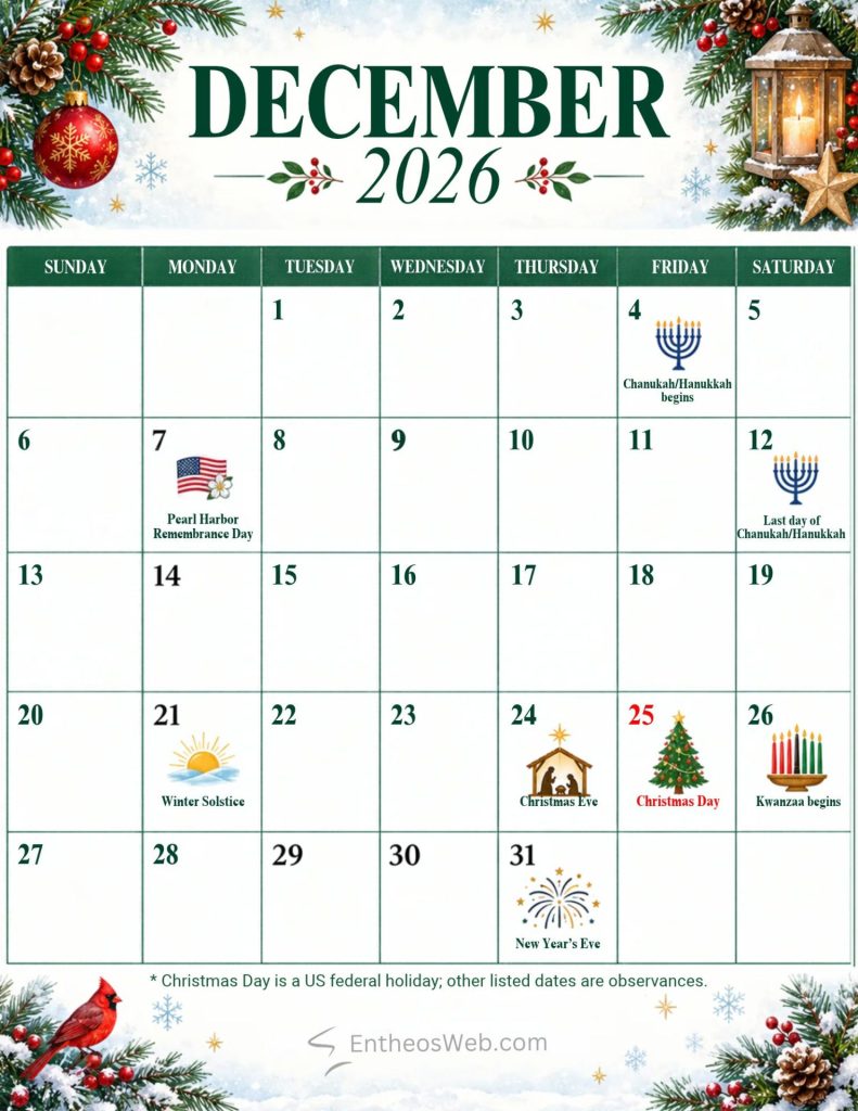 Decorative december 2026 calendar page with festive holly and lantern border showing key holidays on dates 4 chanukah begins and 7 pearl harbor remembrance day and 25 christmas day December 2026 calendar holidays observances vertical