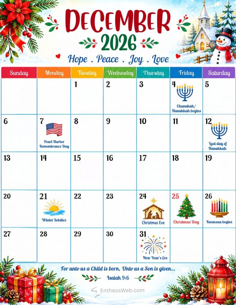 December 2026 calendar with holiday icons hanukkah candles on the 4th and 12th pearl harbor day on the 7th christmas on the 25th winter solstice on the 21st new years eve on the 31st December 2026 calendar holidays vertical bright colorful