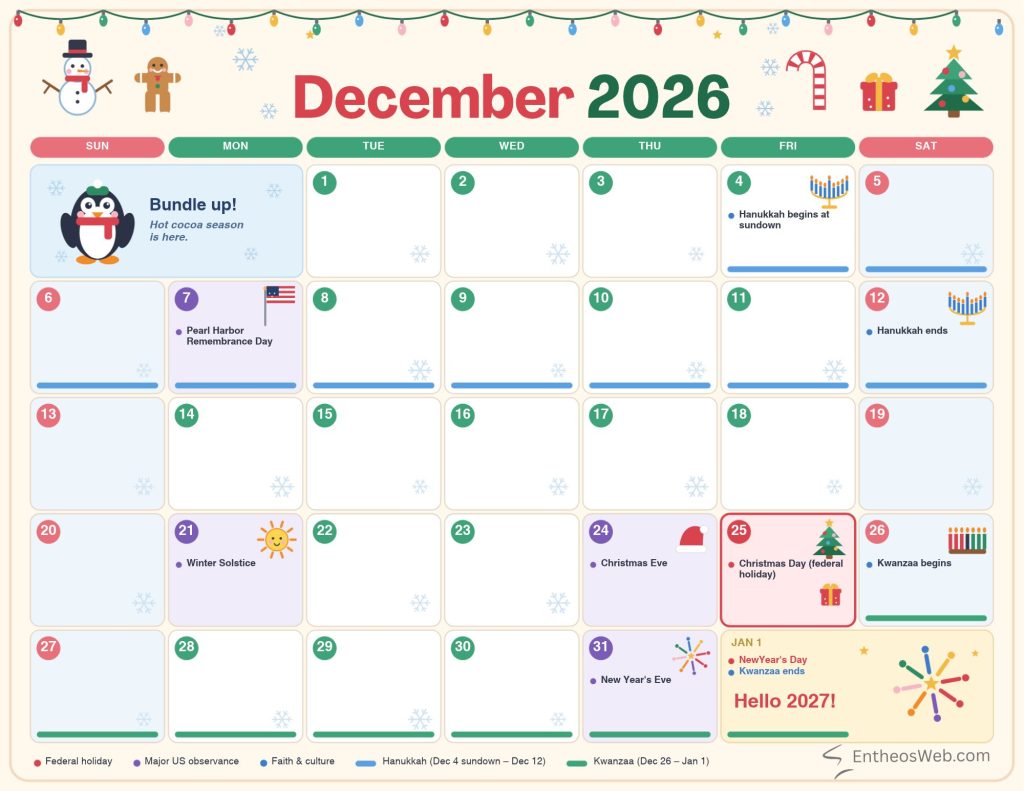December 2026 calendar us holidays observances 1 | printable december 2026 calendars with holidays observances | entheosweb Decorative december 2026 calendar with daily tiles and festive icons notes include hanukkah christmas events pearl harbor remembrance day winter solstice and a featured penguin bundle up card December 2026 calendar us holidays observances 1