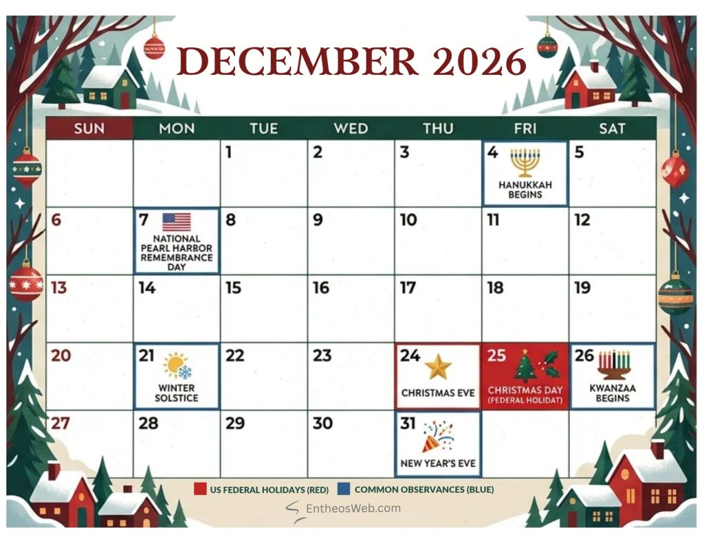 December 2026 calendar with holiday notes hanukkah begins dec 4 christmas day dec 25 new years eve dec 31 kwanzaa begins dec 26 December 2026 calendar us holidays observances