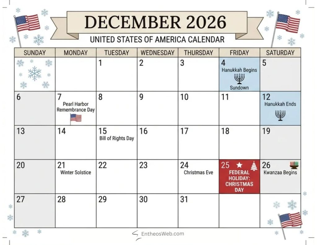 December 2026 calendar highlighting major us holidays hanukkah christmas pearl harbor remembrance day winter solstice kwanzaa December 2026 holidays observances us calendar