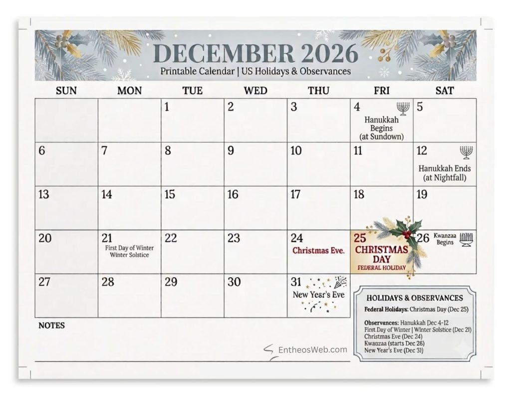 December 2026 calendar page showing holidays hanukkah begins dec 4 ends dec 12 christmas eve dec 24 and day dec 25 kwanzaa begins dec 26 new years eve dec 31 December 2026 printable calendar us holidays observances 2