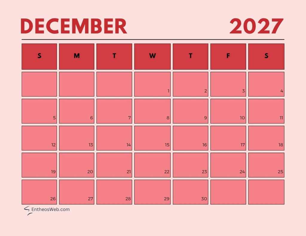 December 2027 calendar page with a grid of days and weekday initials s m t w t f s at the top days 131 filled in the grid december   aesthetic pastel calendar 2027