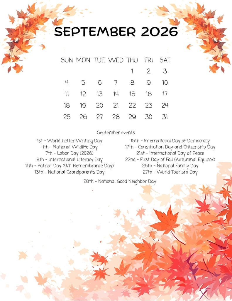 Autumn themed calendar page for september 2026 with orange leaves border and dates laid out in a grid Events and dates september 2026 printable calendar