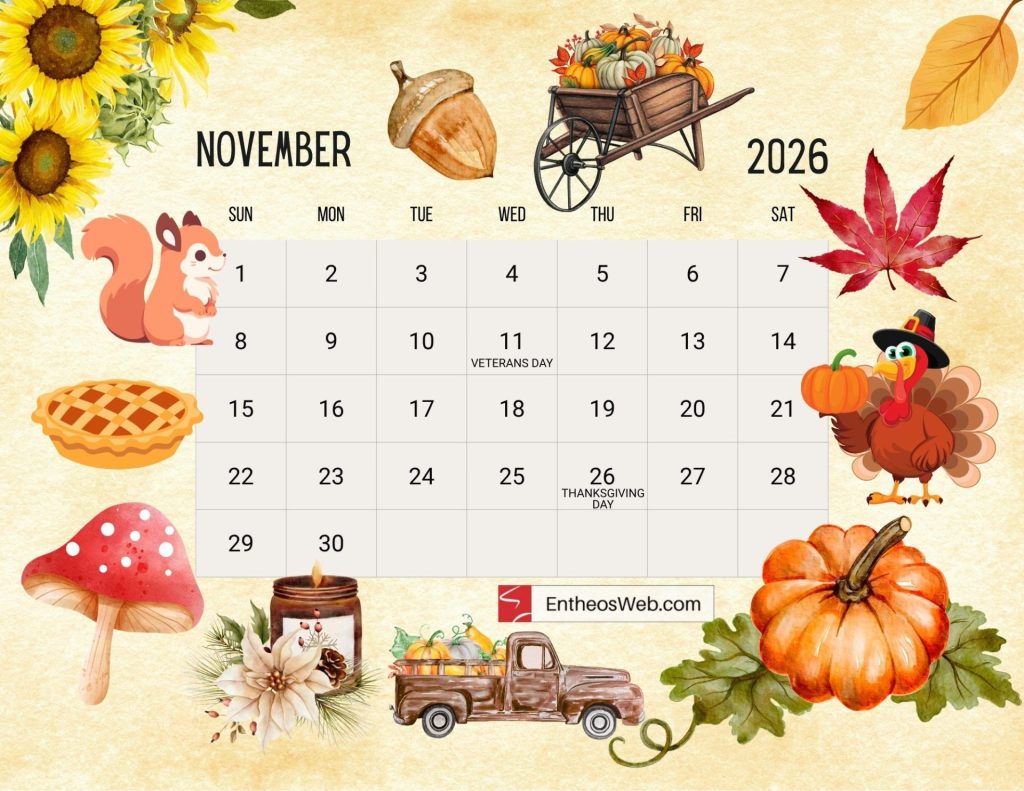Free 2026 thematic printable calendar november federal holidays entheosweb | printable november 2026 calendars with holidays observances | entheosweb Free 2026 thematic november calendar with us federal holidays free 2026 thematic printable calendar november federal holidays entheosweb