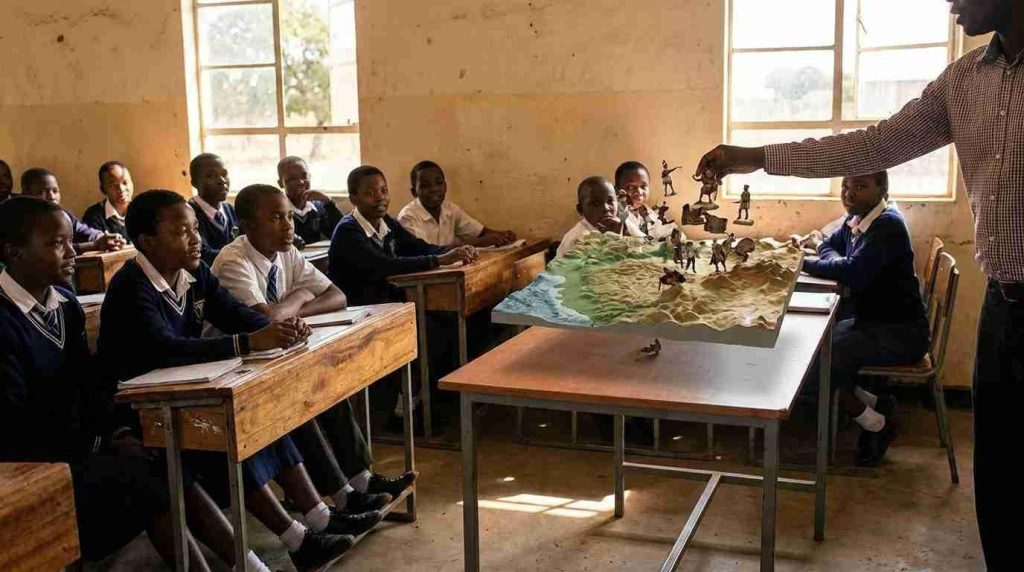 Teacher demonstrates a 3d terrain map with miniature figures to students in a classroom Image