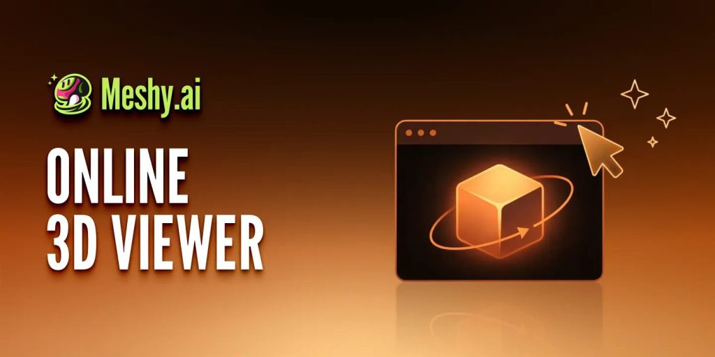 Meshy Ai banner online 3d viewer with a glowing orange cube inside a monitor on an orange gradient background Image
