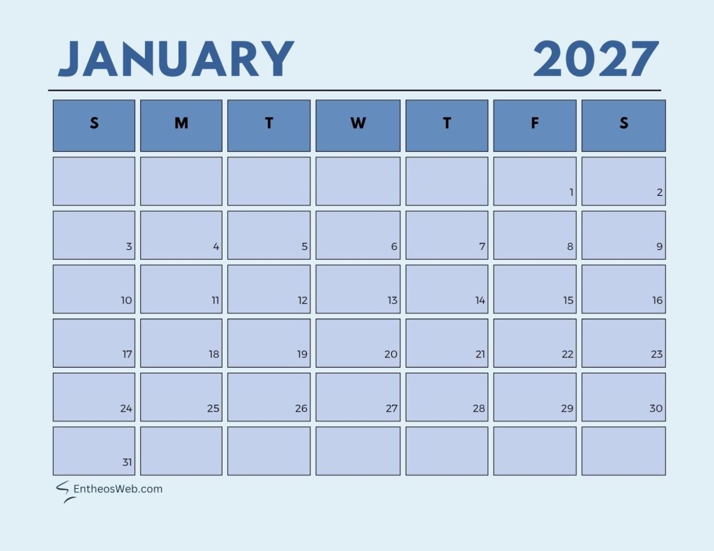 January 2027 calendar page showing sundays through saturdays with boxes for each day numbered 131 January   aesthetic pastel calendar 2027