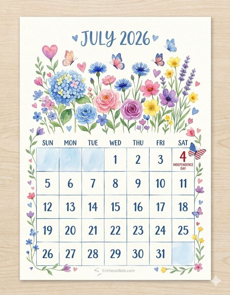 July 2026 calendar 4th of july flowers butterflies vertical | printable july 2026 calendars with holidays observances | entheosweb July 2026 calendar with watercolor flowers and butterflies along the border independence day noted on the 4th July 2026 calendar 4th of july flowers butterflies vertical
