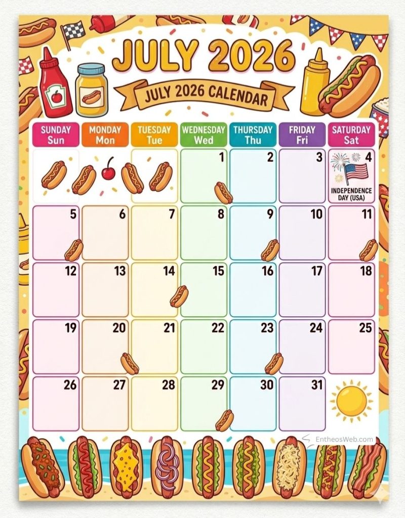 Colorful july 2026 calendar with hot dog icons on many days and a row of hot dogs along the bottom July 2026 calendar 4th of july hot dogs vertical