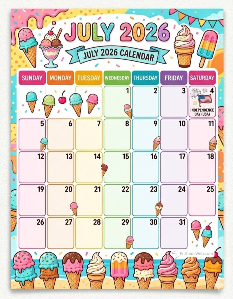 Colorful july 2026 calendar page with ice cream decorations dates arranged by day of week with ice cream icons on select days July 2026 calendar 4th of july ice cream vertical