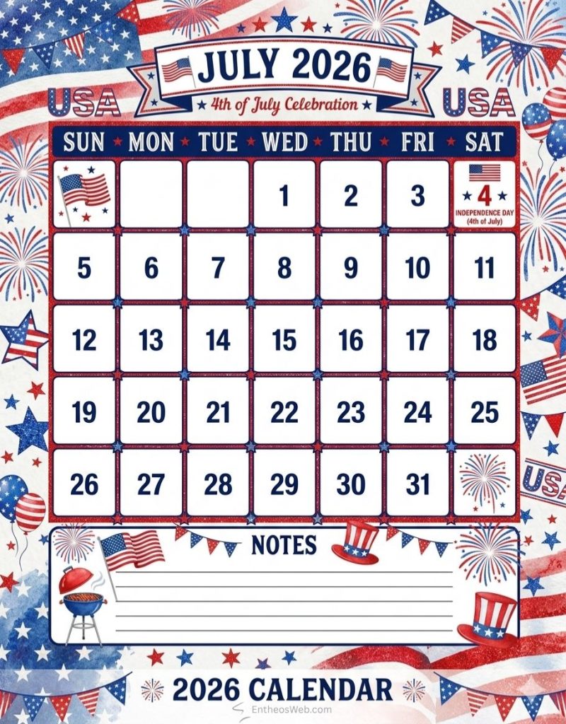 July 2026 calendar 4th of july red blue white vertical | printable july 2026 calendars with holidays observances | entheosweb Decorative july 2026 calendar page with a redwhiteblue fireworks theme and a grid for days patriotic border July 2026 calendar 4th of july red blue white vertical