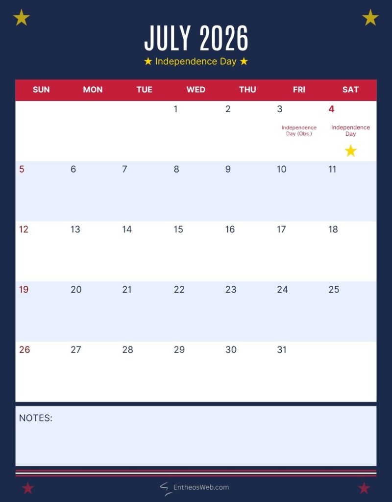 July 2026 calendar page on a navy background with a red header and a notes section at the bottom independence day is noted on july 4 with a star symbol July 2026 calendar 4th of july simple vertical