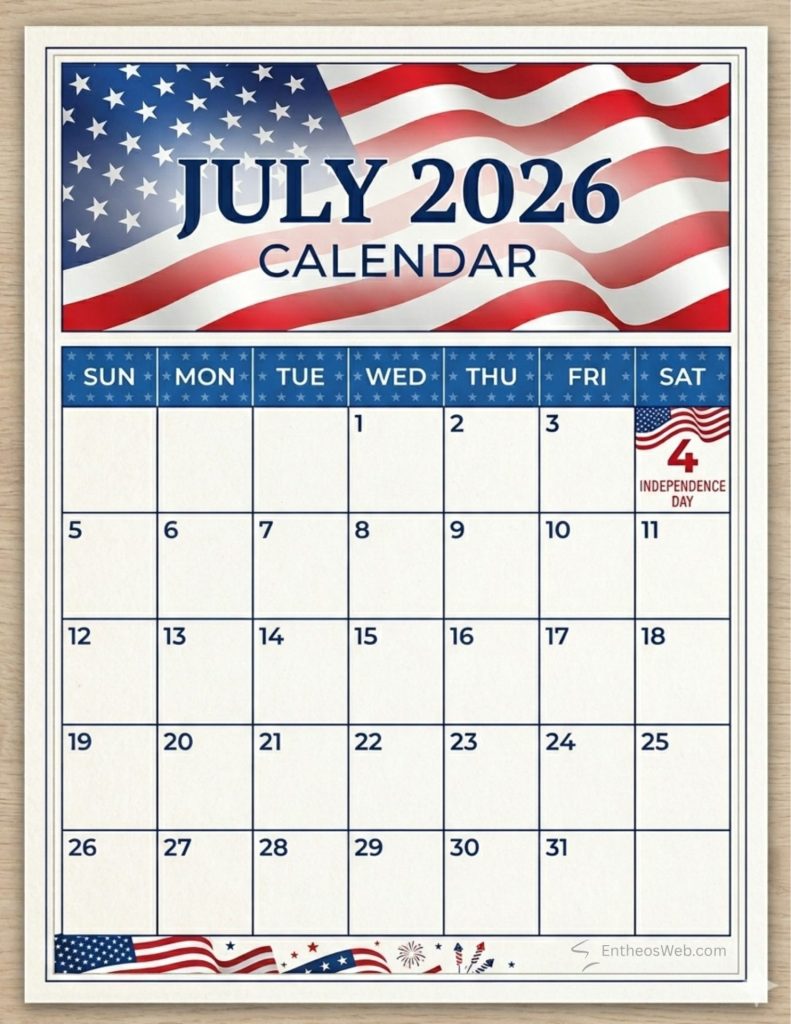 July 2026 calendar page with a patriotic american flag banner at the top and a grid of days for the month including a marked independence day on july 4th July 2026 calendar 4th of july us flag vertical