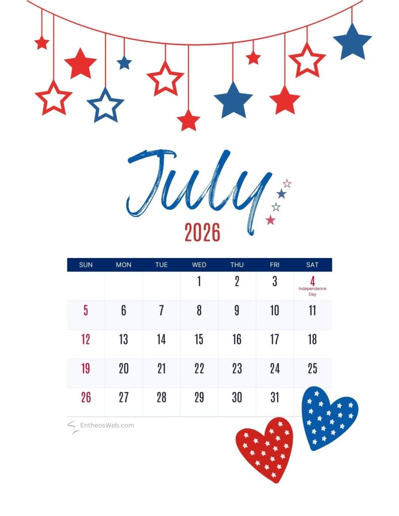 Printable july 2026 calendar july 2026 calendar red and blue stars
