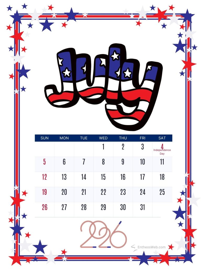 July 2026 calendar us flag | july 2026 calendar printables 150+ free designs | entheosweb Calendar july 2026 usa flag july typography and stars and stripes border july 2026 calendar us flag
