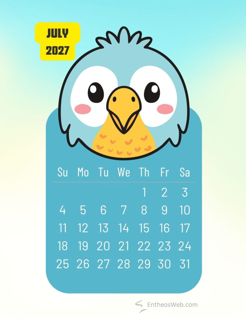 July 2027 printable cute canary bird monthly calendar | 2027 printable cute birds monthly calendar | entheosweb July 2027 printable cute canary bird monthly calendar july 2027 printable cute canary bird monthly calendar