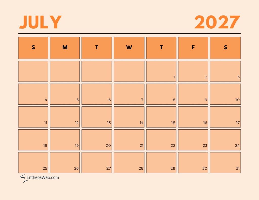 Calendar page for july 2027 showing a grid of orange day boxes numbered 131 under the header  july   aesthetic pastel calendar 2027'JULY 2027' with weekday initials on the first row (S M T W T F S).