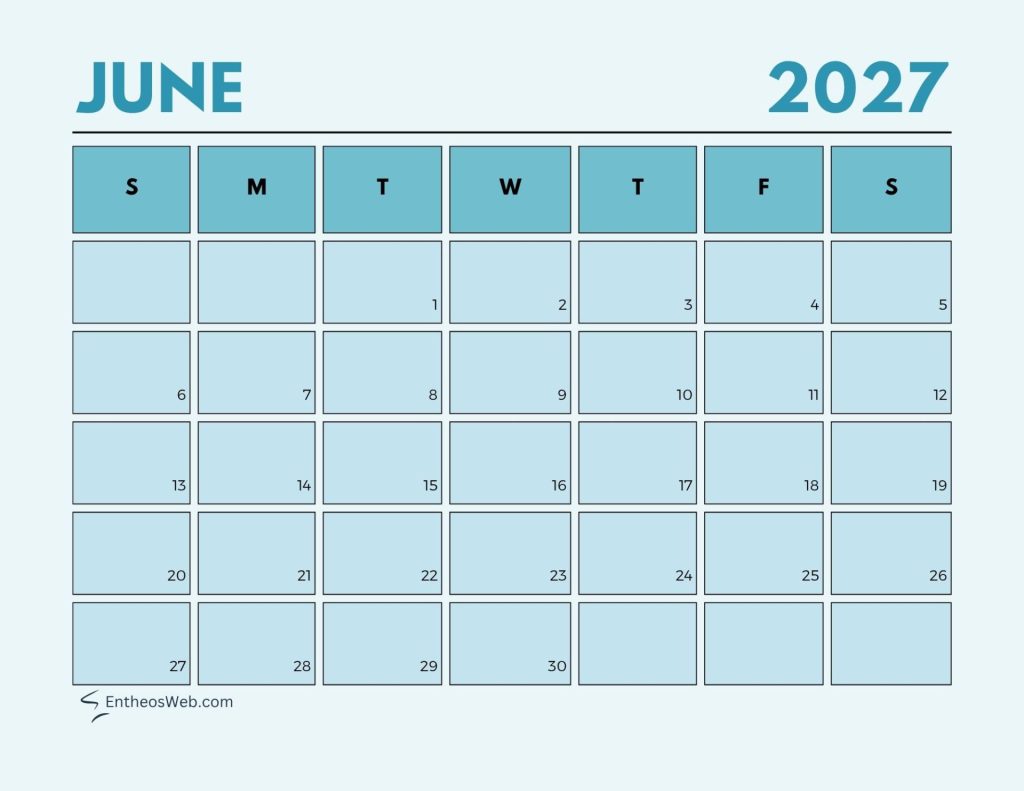 June 2027 calendar grid with days 130 in light blue tiles weekdays s m t w t f s across the top and bold  june   aesthetic pastel calendar 2027'JUNE' and '2027' headers.
