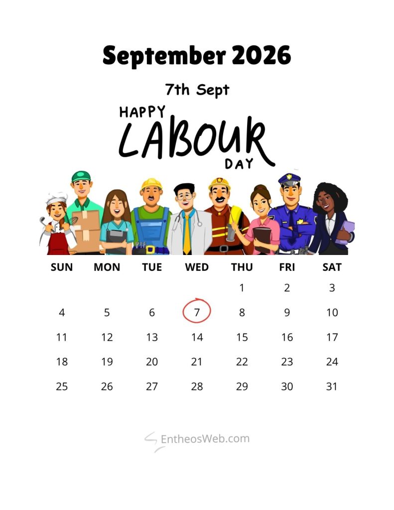 Calendar page for september 2026 featuring a happy labour day banner and a row of diverse workers circled date is the 7th Labour day events and dates september 2026 printable calendar