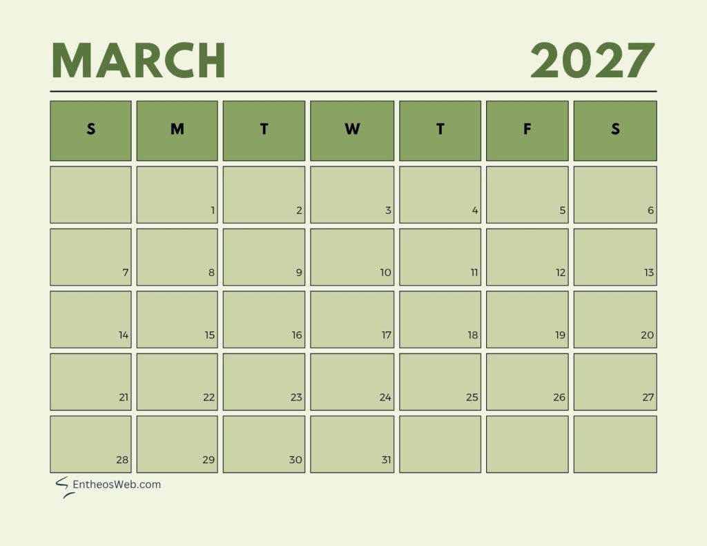 March 2027 calendar grid showing days 131 with week row s m t w t f s March   aesthetic pastel calendar 2027
