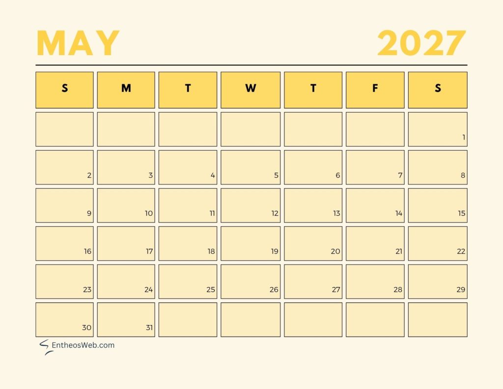 May 2027 calendar grid showing days of week s m t w t f s with numbered date boxes arranged in a monthly grid May   aesthetic pastel calendar 2027