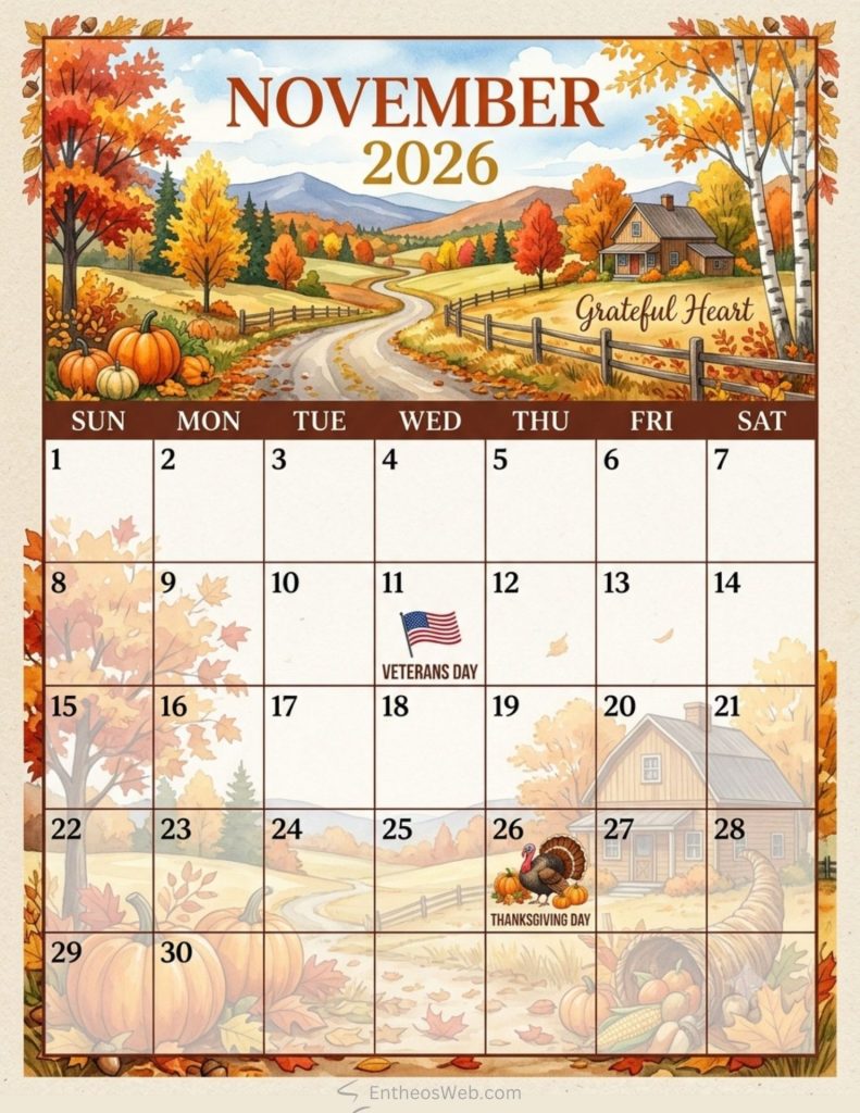 November 2026 calendar with holidays autumn grateful | printable november 2026 calendars with holidays observances | entheosweb November 2026 calendar page featuring a fall landscape with pumpkins a winding road a farmhouse and colorful autumn trees November 2026 calendar with holidays autumn grateful