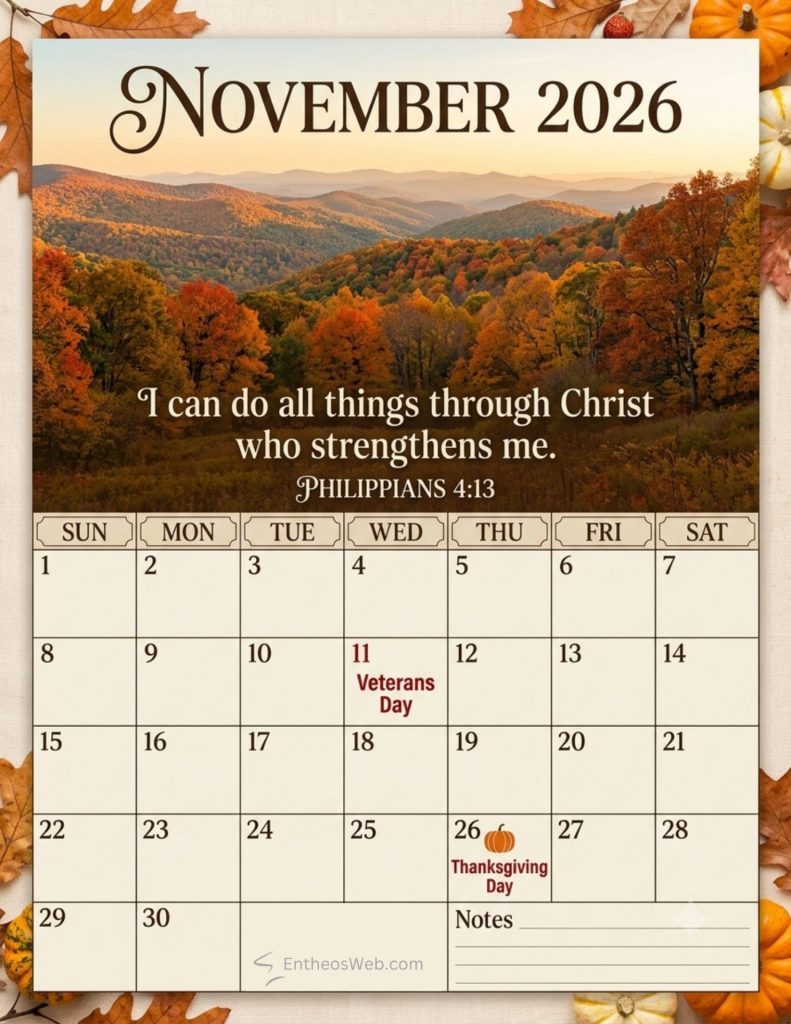 November 2026 calendar page with an autumn hillside background featuring philippians 413 and marked holidays like veterans day and thanksgiving November 2026 calendar with holidays bible verse